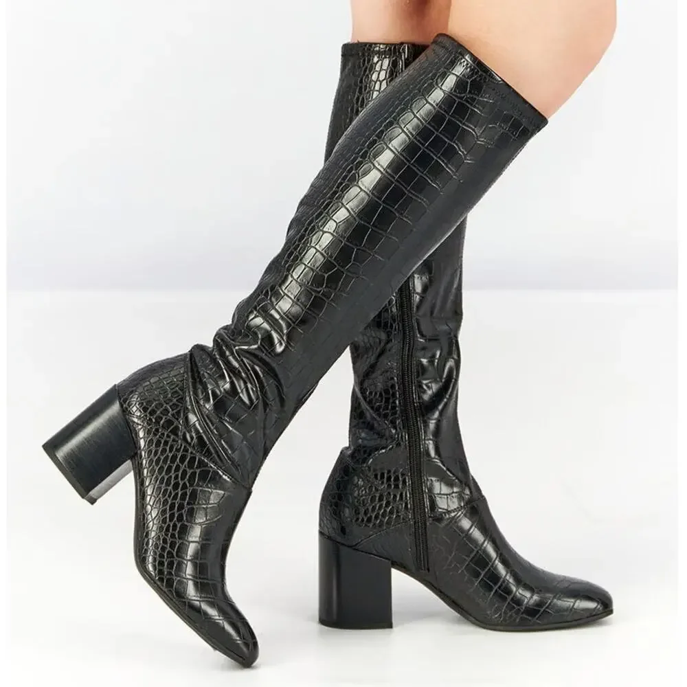 NWT Franco Sarto Tribute Black Croc Faux Leather Knee High Boots WIDE Calf 8.5 M